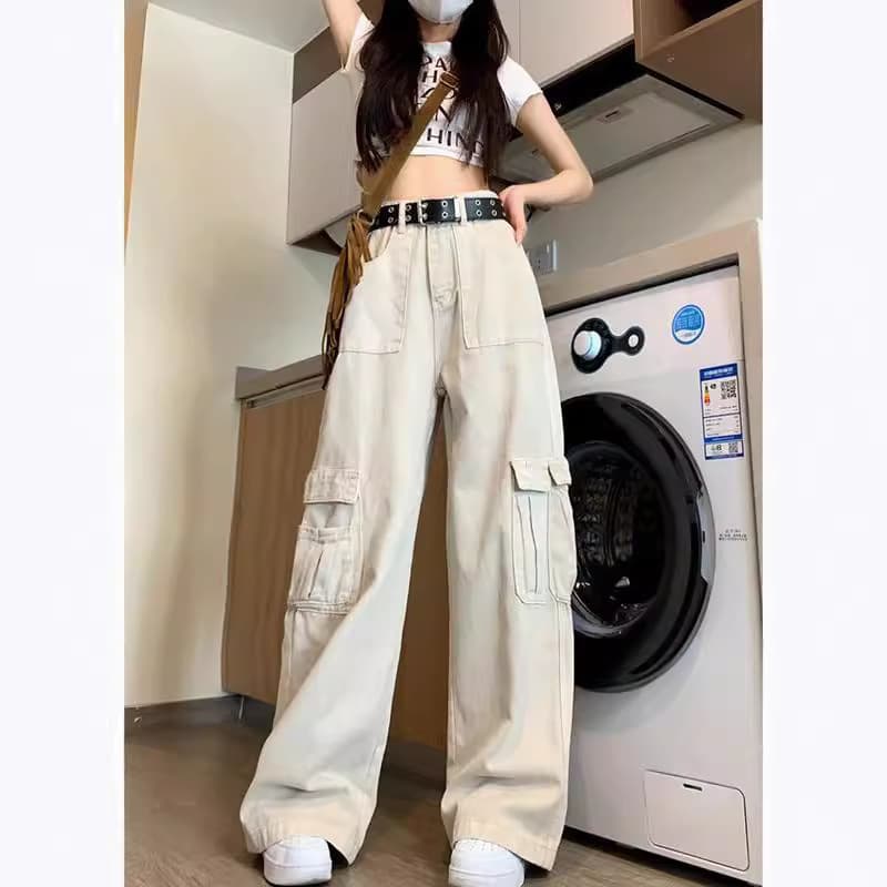 デニムワイドパンツ ミリタリーデザインワイドカーゴパンツ