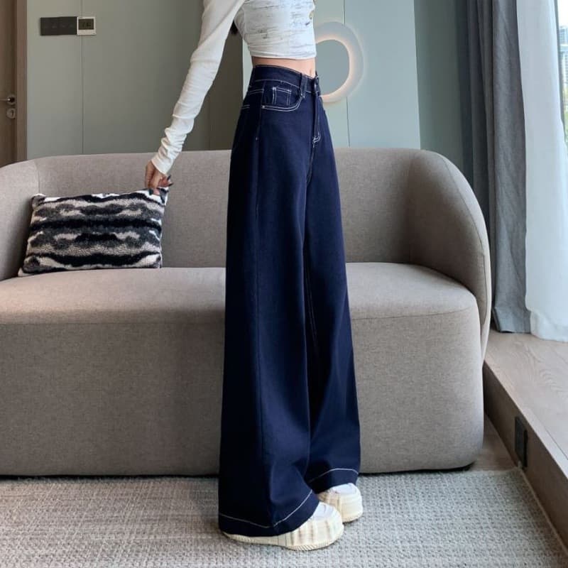 デニムワイドパンツ 韓国 ハイウエストデニムワイドストレートパンツ