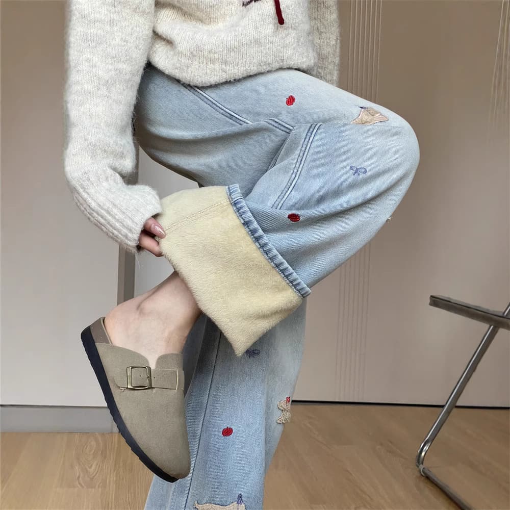 デニムワイドパンツ 冬季 うさぎと小花刺繍のもこもこデニム