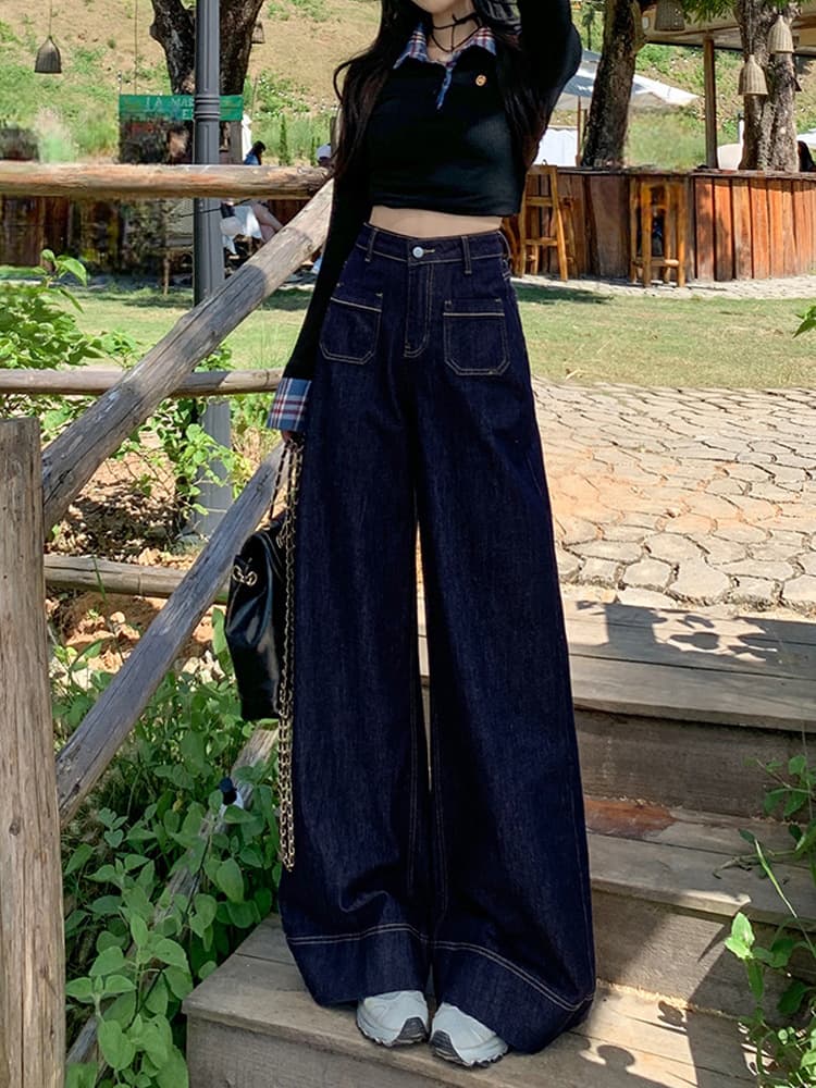 美シルエット レトロガーリーハイウエストデニムワイドパンツ