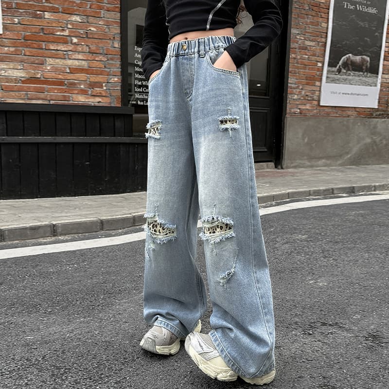 デニムワイドパンツ ダメージ加工 美シルエット ハイウエストルーズワイドデニムパンツ