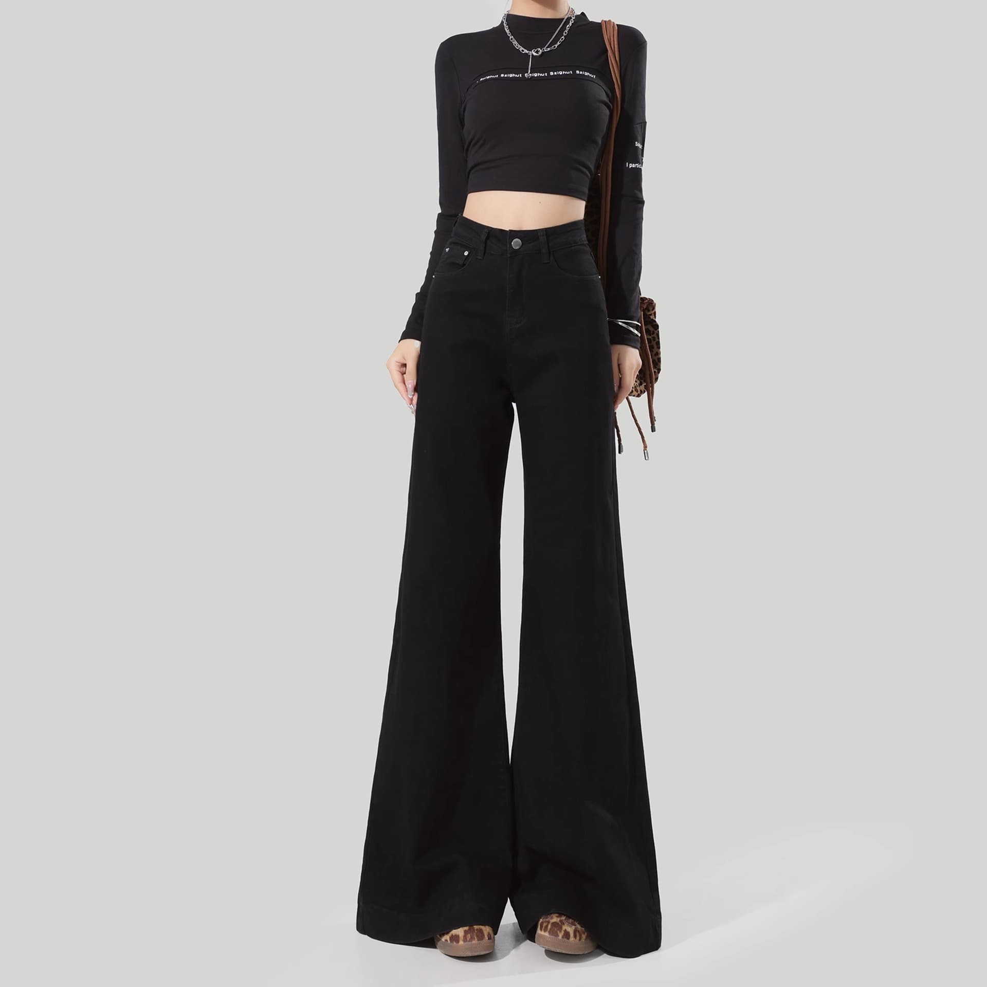 デニムワイドパンツ 韓国ハイウエストデニムワイドフレアパンツ