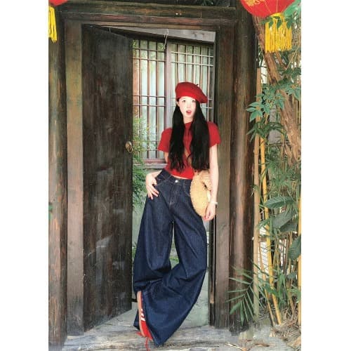 デニムワイドパンツ ワイドフレアタックデニムパンツ 裾広がりシルエット