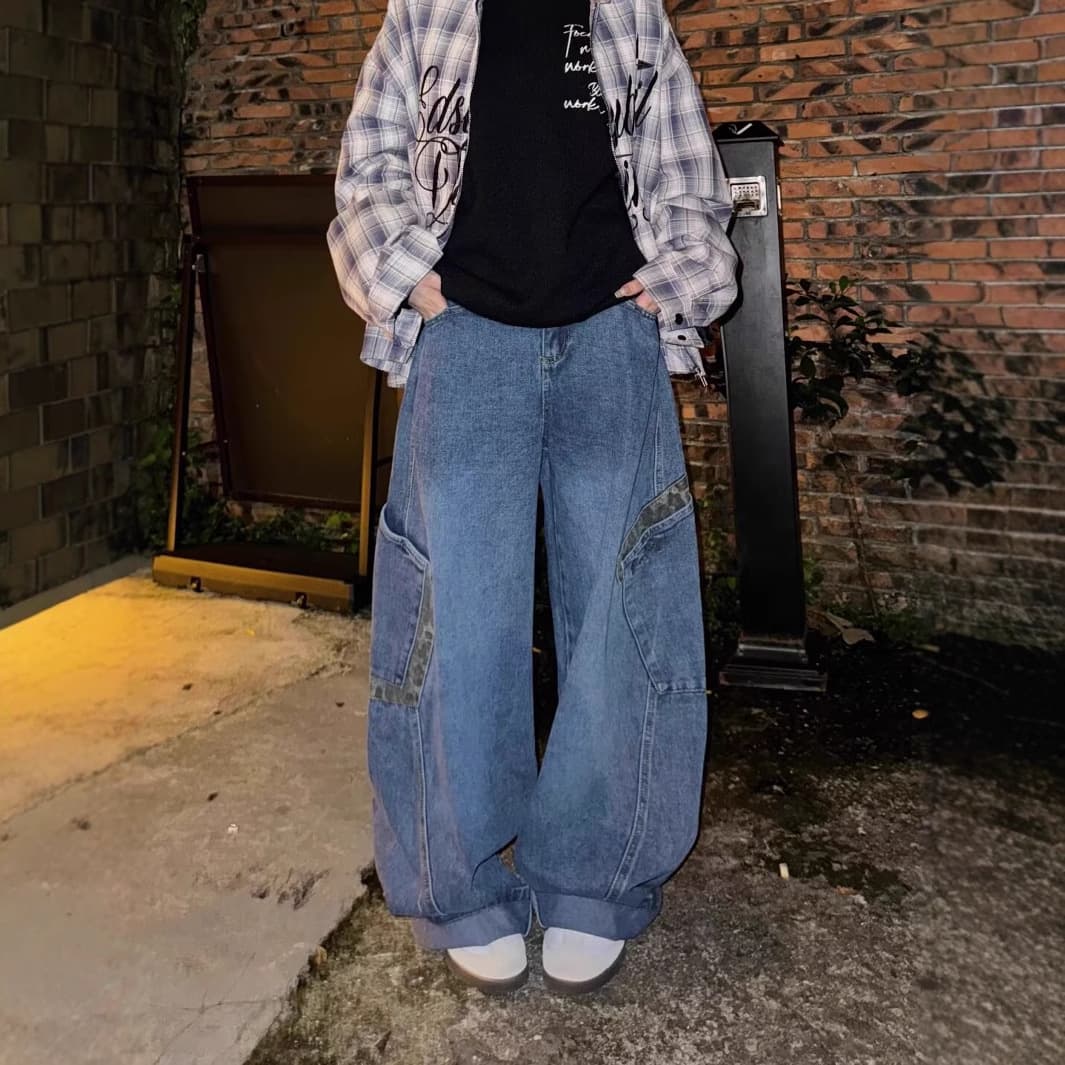 デニムワイドパンツ デザインパッチ ワイドデニム