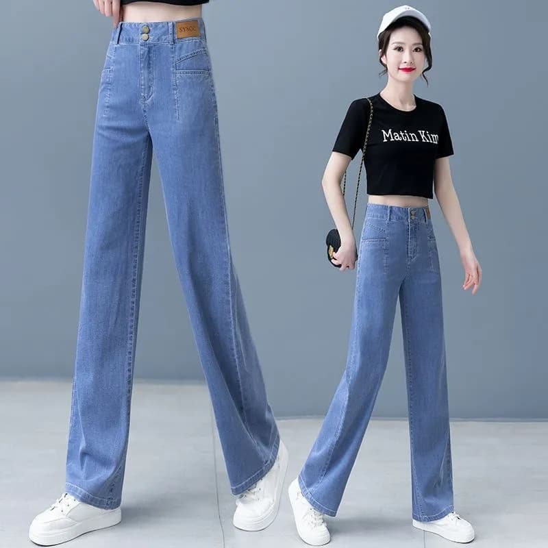 デニムワイドパンツ すっきりストレートシルエット レディースジーンズ