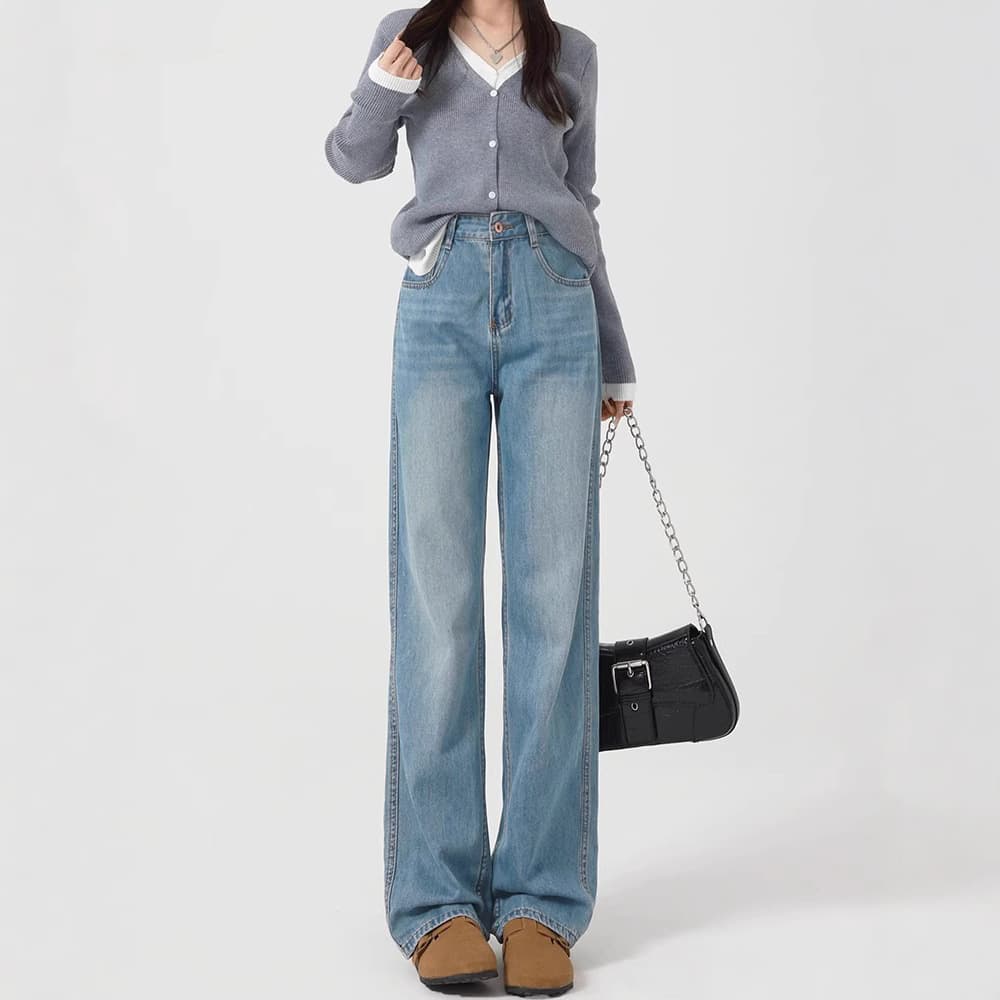 デニムワイドパンツ レディース リラックスストレートジーンズ