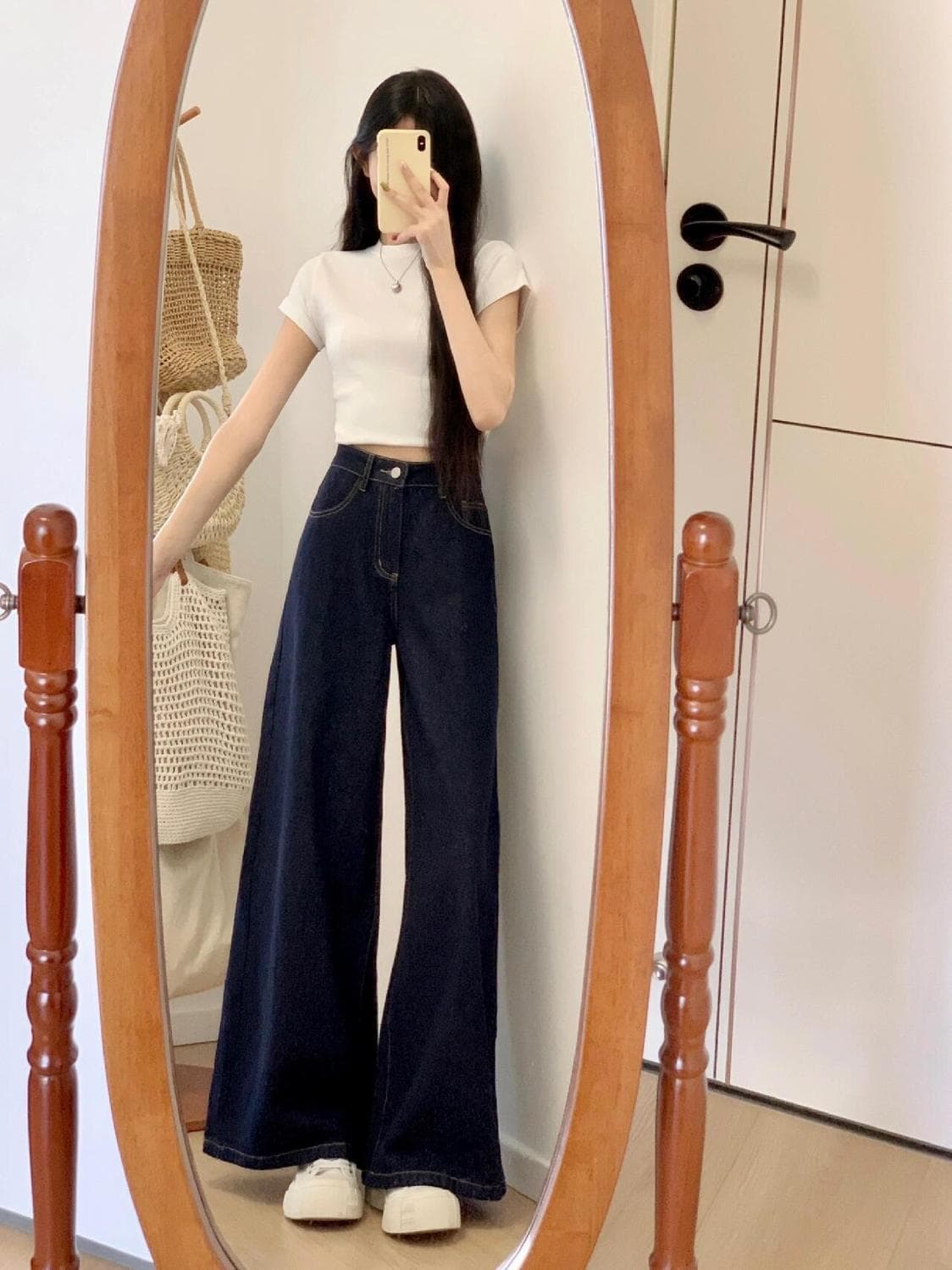 デニムワイドパンツ 韓国 美脚シルエットハイウエストフレアデニム