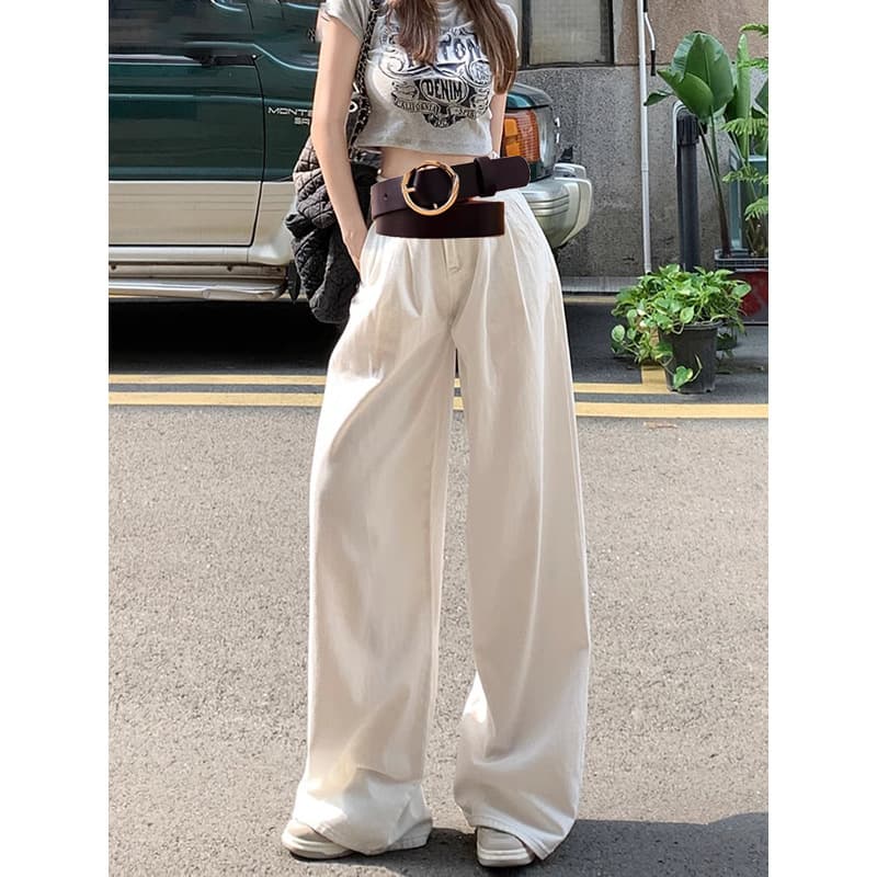 ゆったり幅広ハイウエストタックデニムワイドパンツ