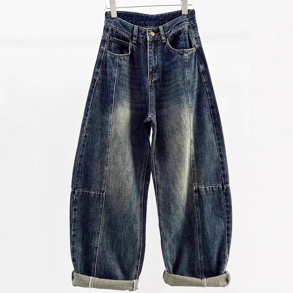 デニムワイドパンツ ヴィンテージ加工バルーンデニム