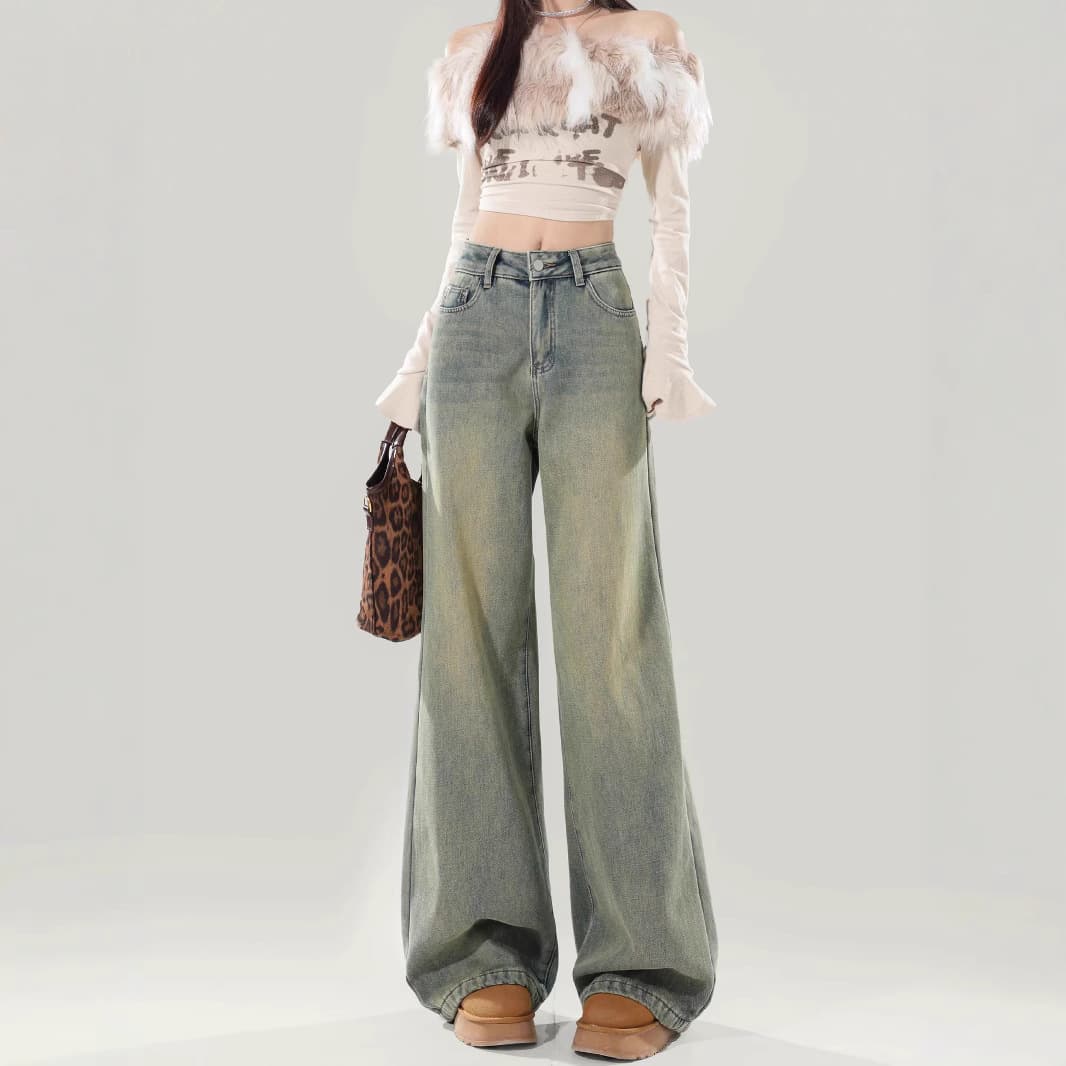 デニムワイドパンツ フワモコ装飾 韓国 ハイウエストデニムワイド