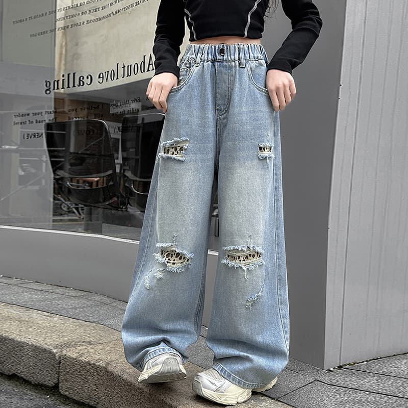 デニムワイドパンツ ダメージ加工 美シルエット ハイウエストルーズワイドデニムパンツ