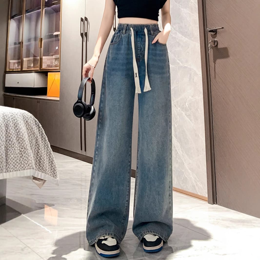 ゆったりデニムワイドパンツ 紐付きストレート