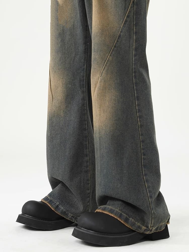 デニムワイドパンツ ヴィンテージ加工ドレープワイドフレアパンツ