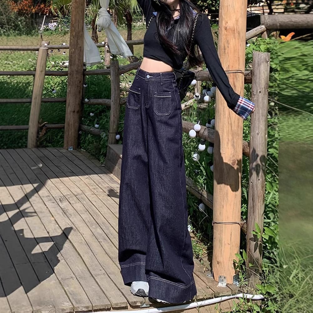 美シルエット レトロガーリーハイウエストデニムワイドパンツ