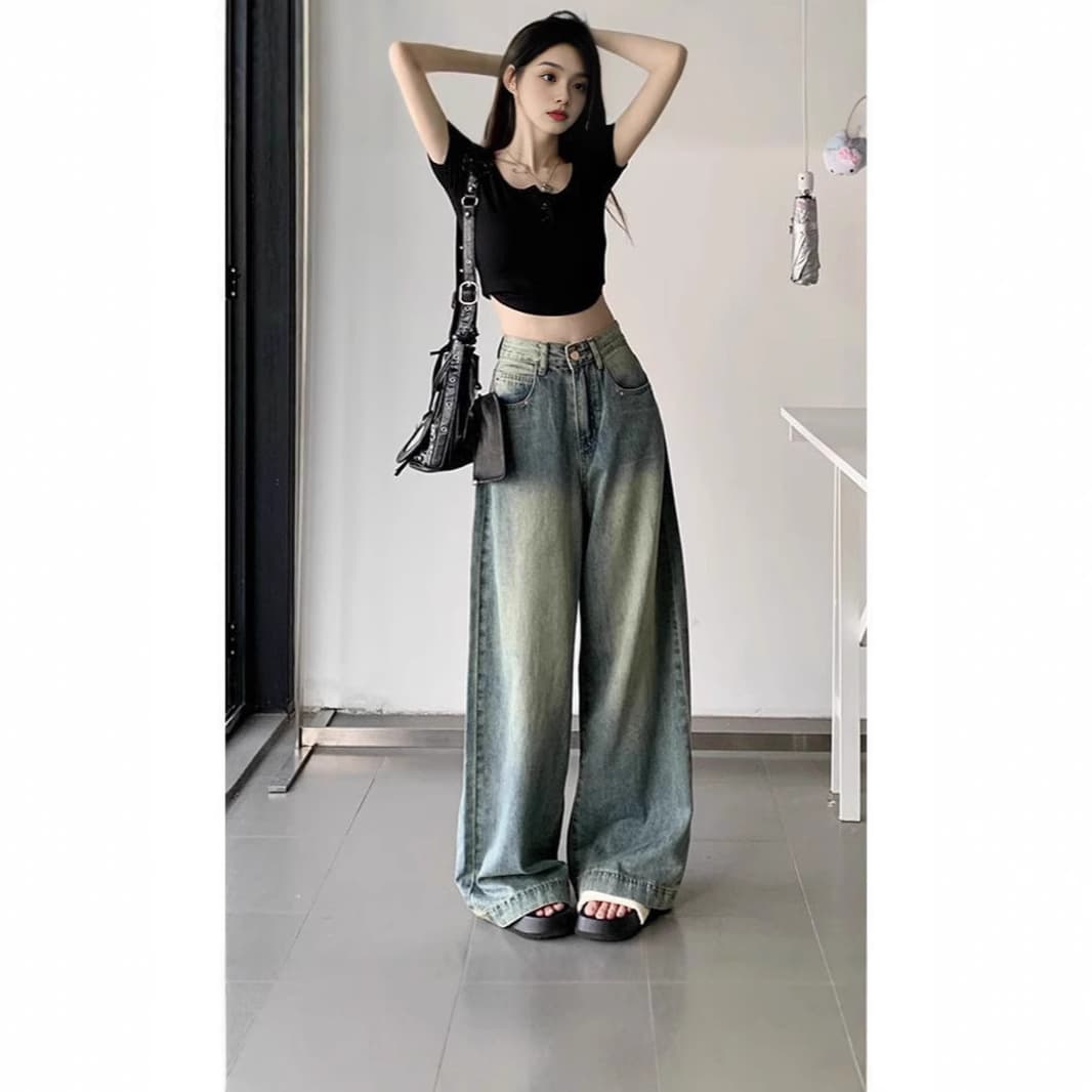 デニムワイドパンツ トレンド感溢れる幅広ロングタックデニムパンツ