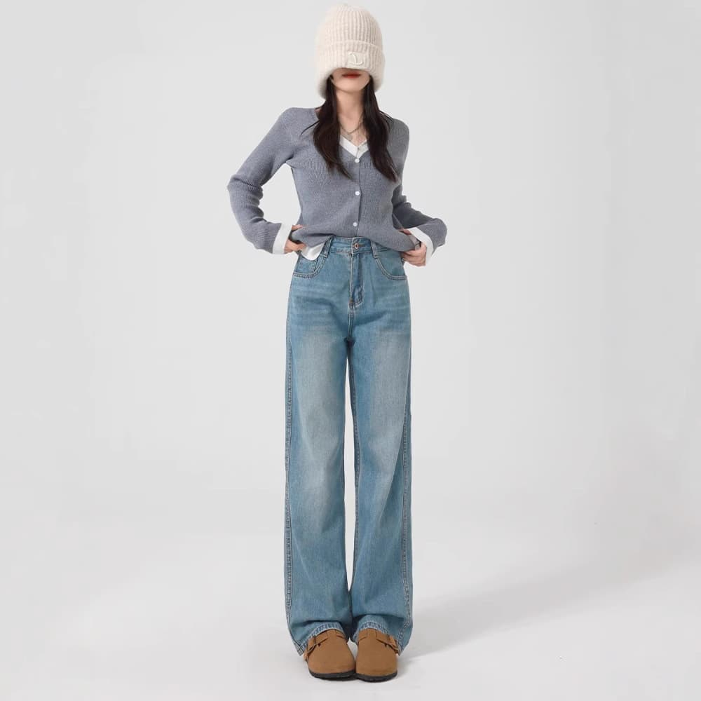 デニムワイドパンツ レディース リラックスストレートジーンズ