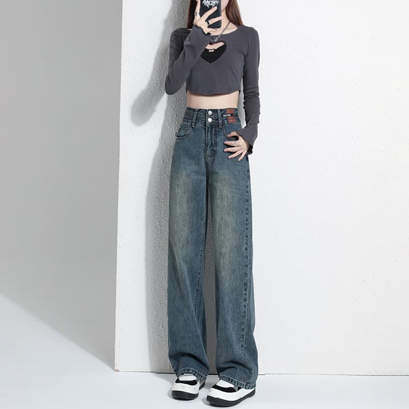 ゆったりハイウエスト 韓国ファッション 美脚デニムワイドパンツ