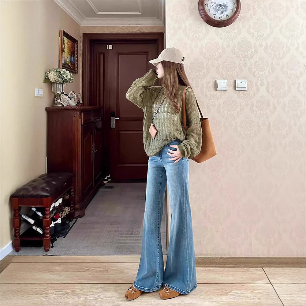 デニムワイドパンツ 美脚効果抜群のハイウエストデニムワイドフレアパンツ