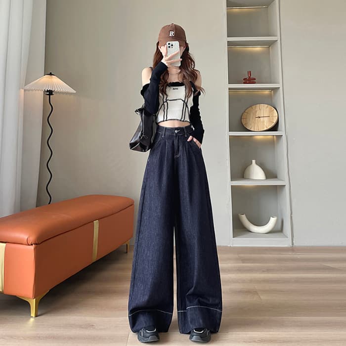 デニムワイドパンツ ウルトラワイドハイウエストタックデニムロングパンツ