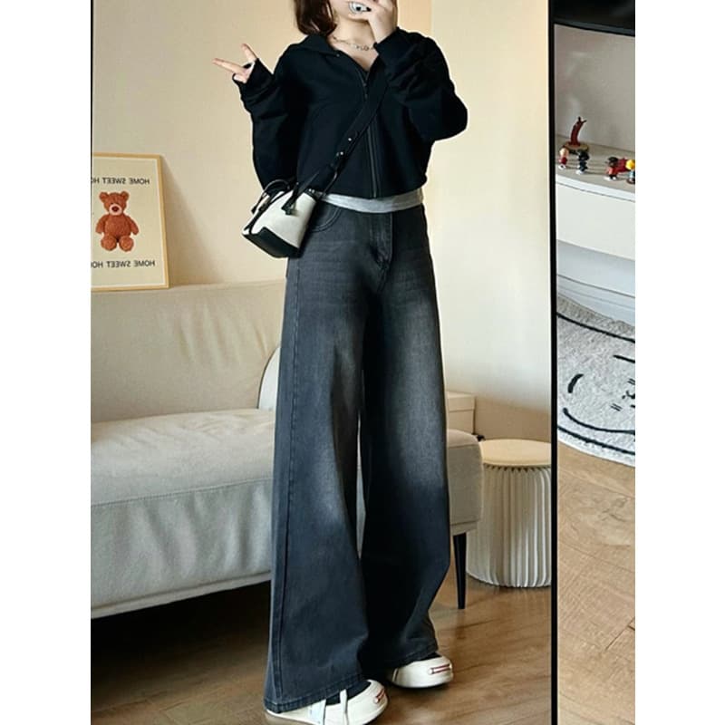 デニムワイドパンツ 韓国風デイリーハイウエストストレートデニム