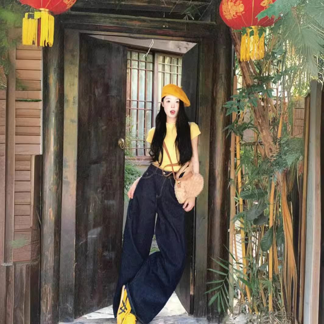 デニムワイドパンツ ワイドフレアタックデニムパンツ 裾広がりシルエット