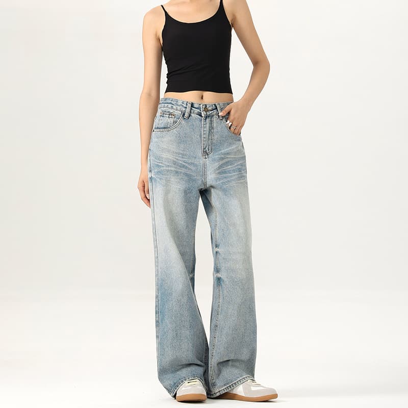 デニムワイドパンツ レディースゆったり幅広ワイドストレートジーンズ
