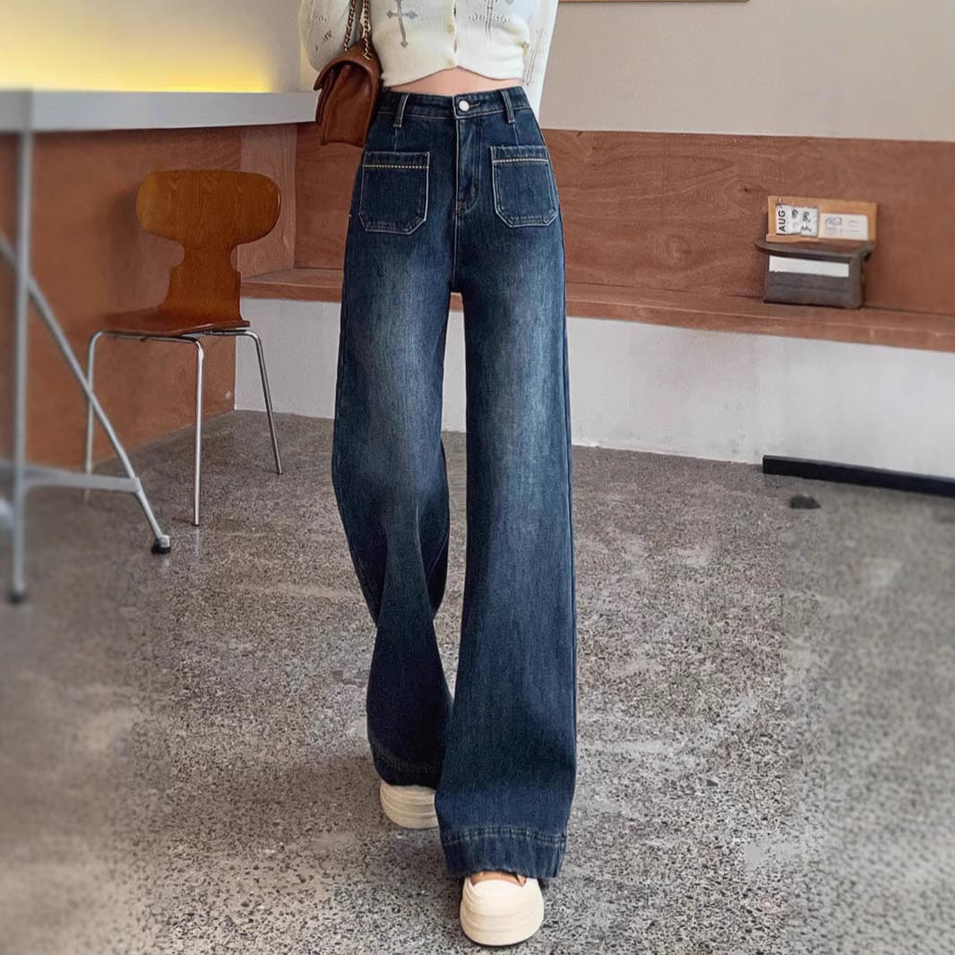 デニムワイドパンツ レトロワイドデニムパンツ 切替フロント