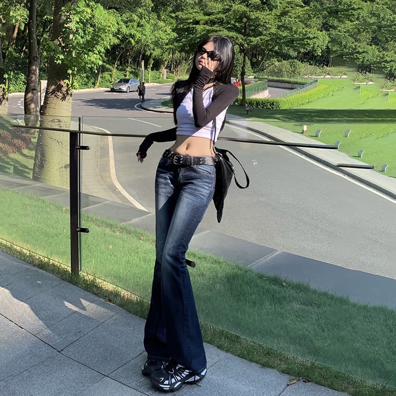 レトロ 美シルエット ハイウエストデニムワイドパンツ