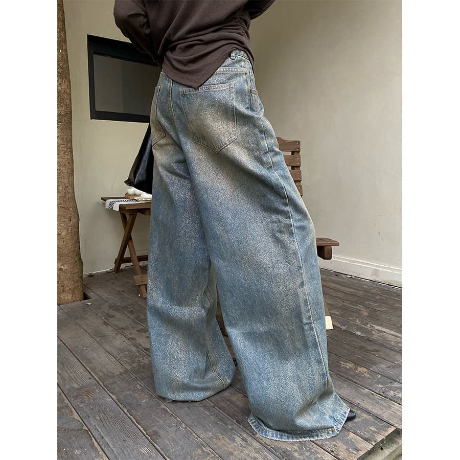 デニムワイドパンツ ダメージ加工ワイドストレートデニム