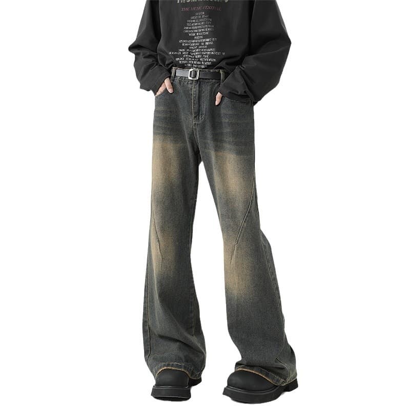 デニムワイドパンツ ヴィンテージ加工ドレープワイドフレアパンツ