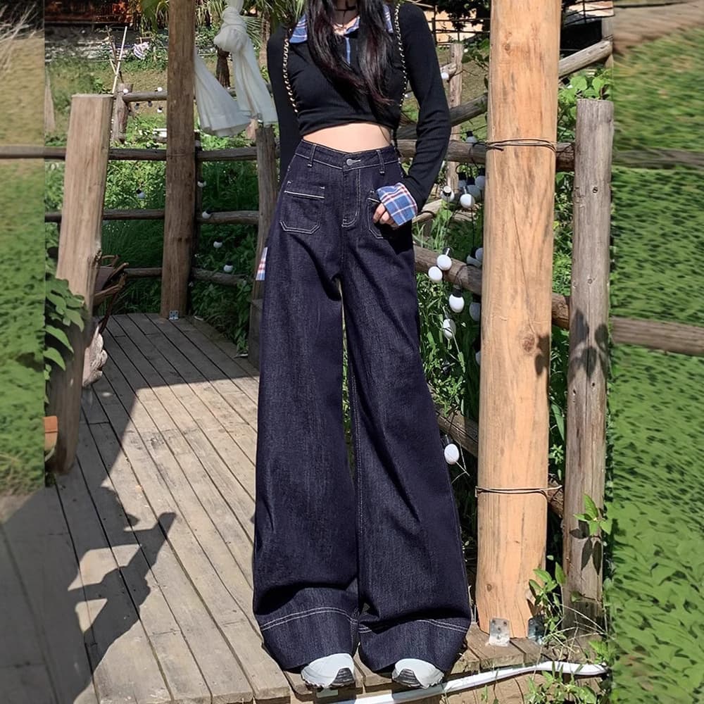 美シルエット レトロガーリーハイウエストデニムワイドパンツ