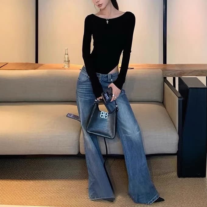 デニムワイドパンツ ゆったりフレアデニムパンツ