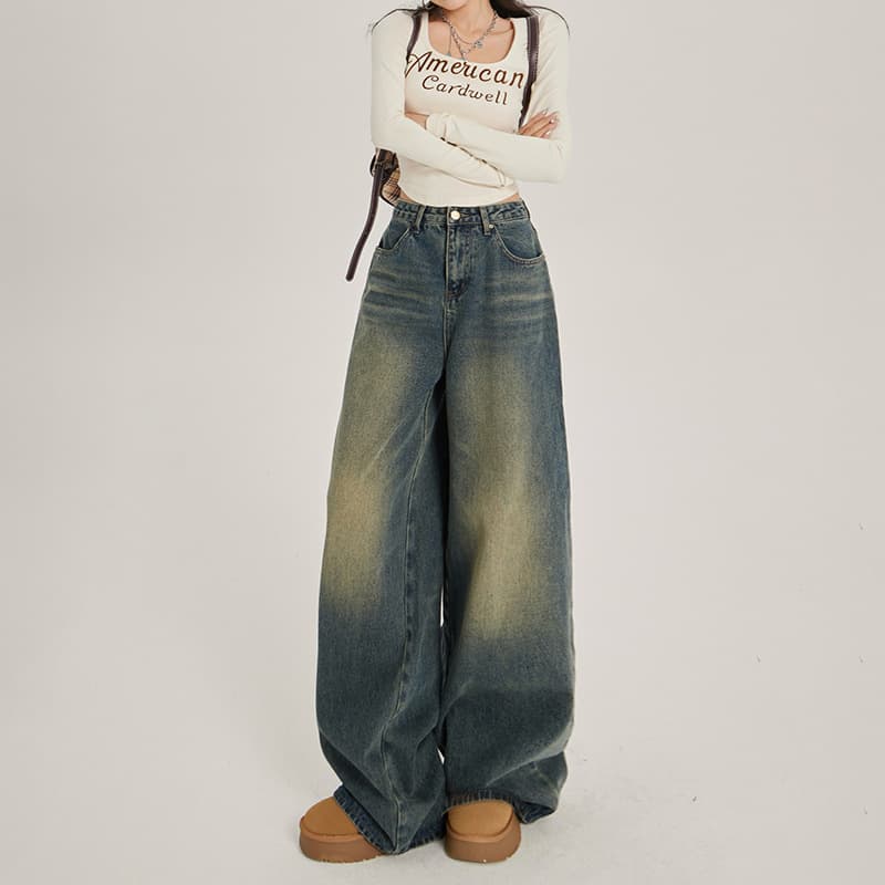 ゆったり幅広シルエット デニムワイドパンツ