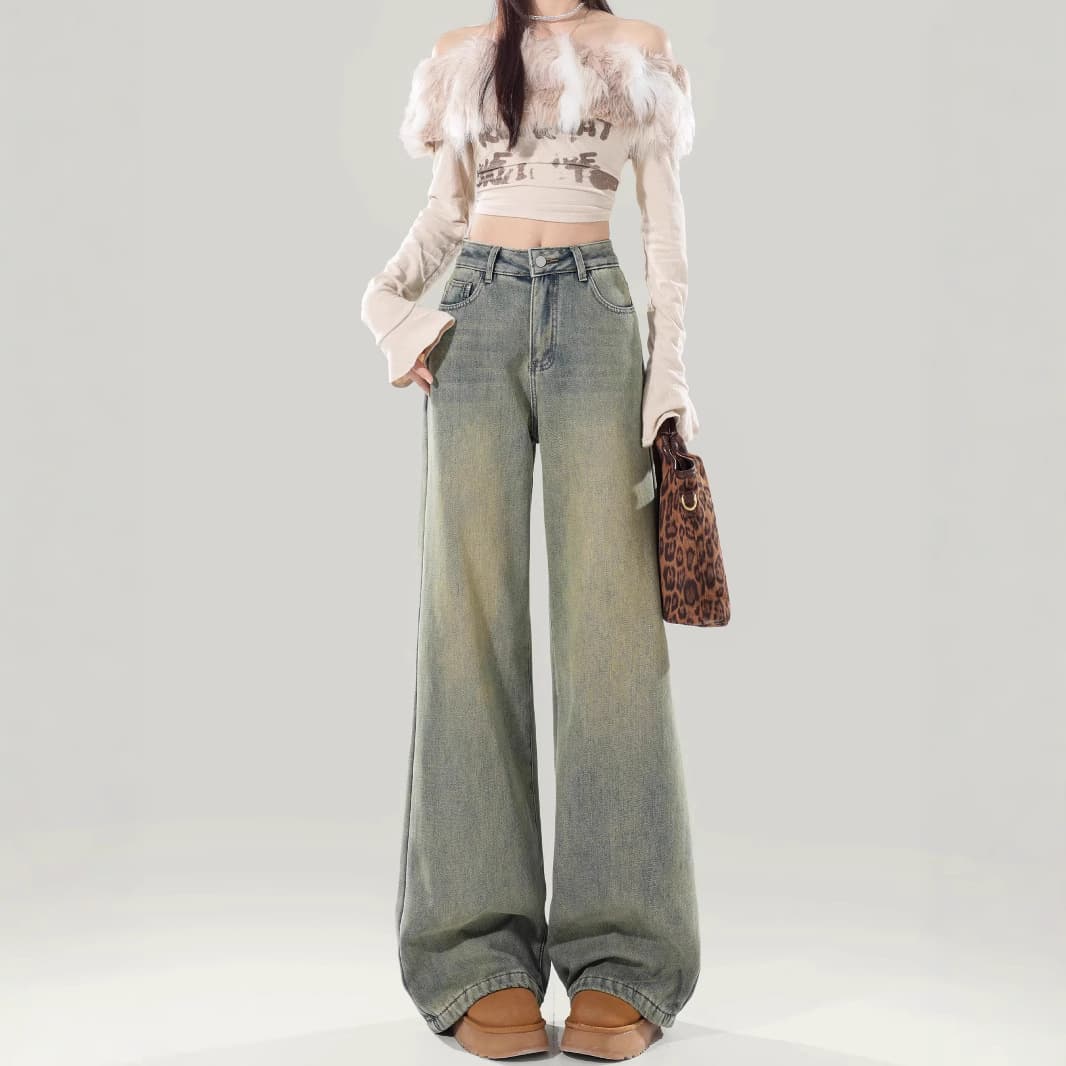 デニムワイドパンツ フワモコ装飾 韓国 ハイウエストデニムワイド