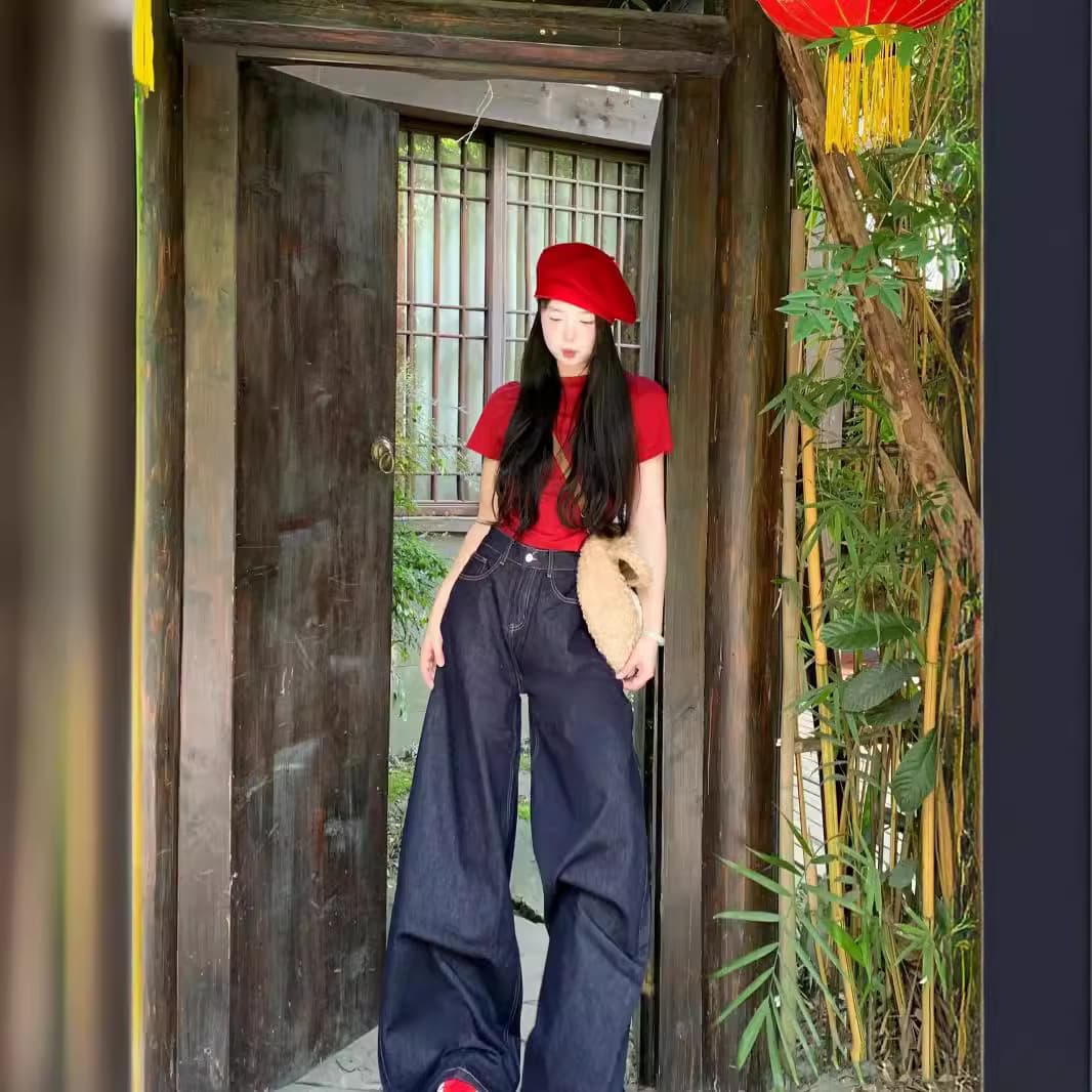 デニムワイドパンツ ワイドフレアタックデニムパンツ 裾広がりシルエット