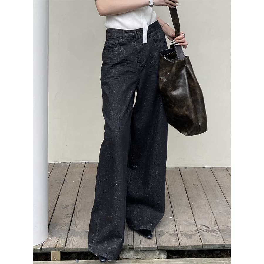 デニムワイドパンツ ダメージ加工ワイドストレートデニム