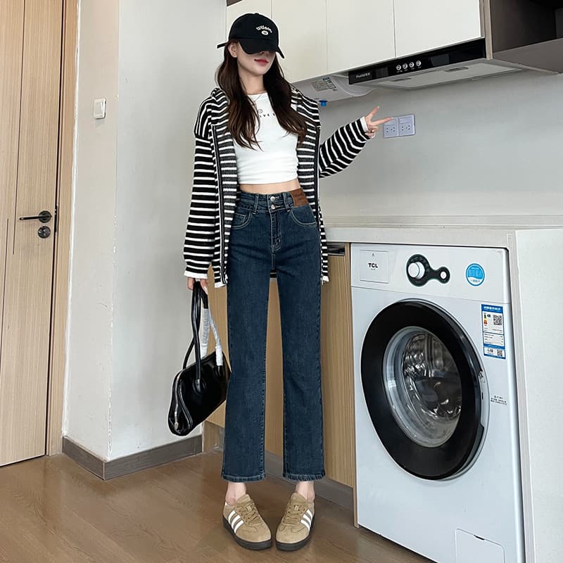 デニムワイドパンツ レディース レトロ感漂うすっきりストレートジーンズ