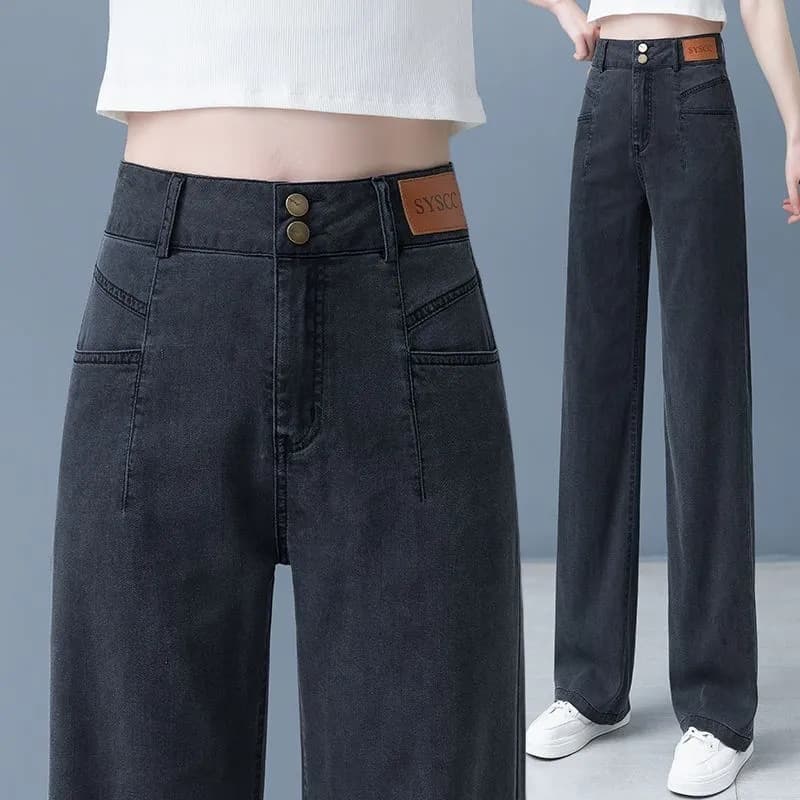 デニムワイドパンツ すっきりストレートシルエット レディースジーンズ